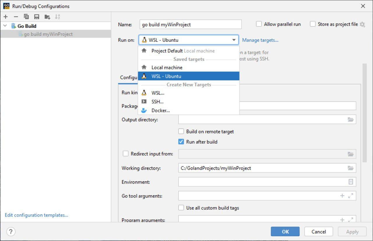 Change run target to WSL