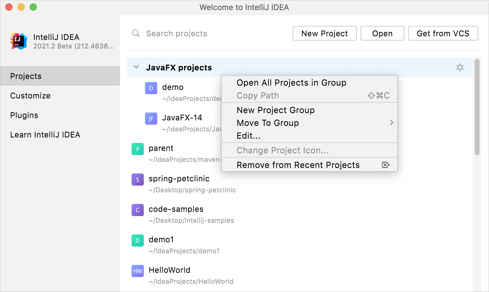 Projects grouped on the Welcome screen