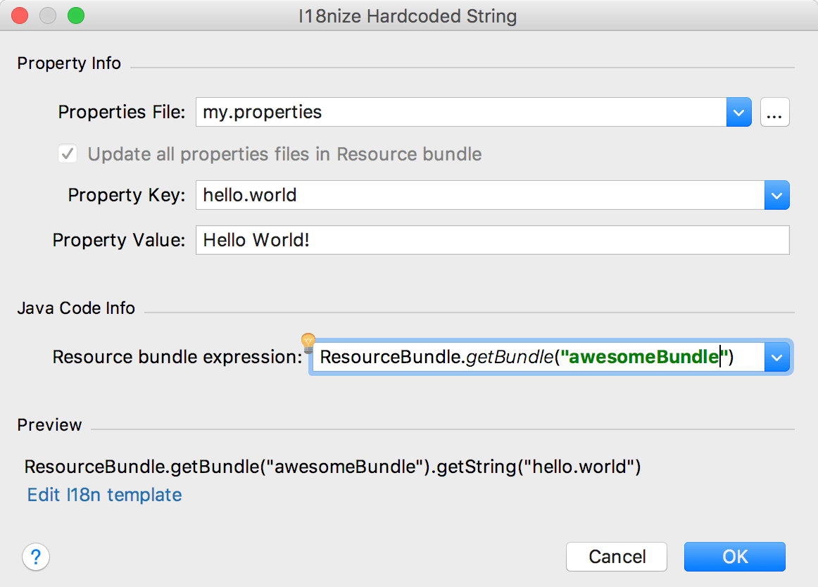 The Internationalize Hardcoded String dialog