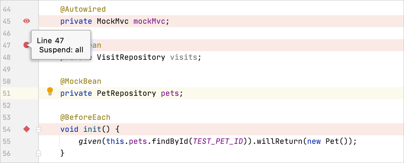 Different types of breakpoints in the editor