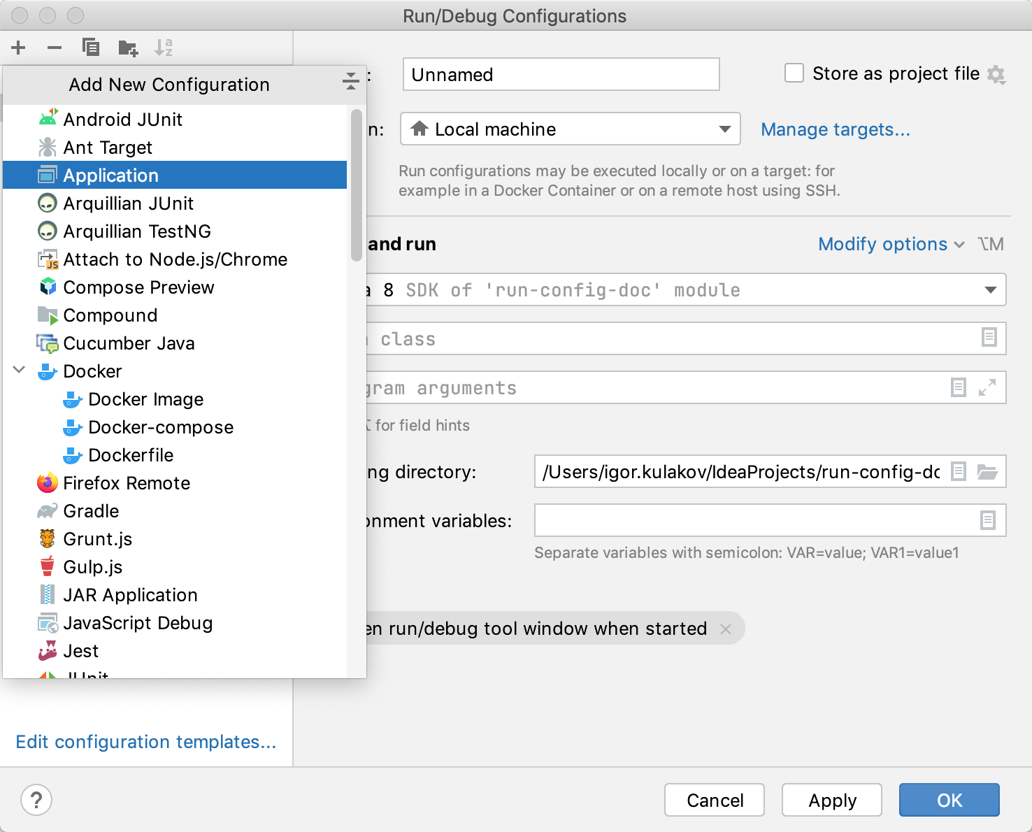 Selecting a new run/debug configuration template