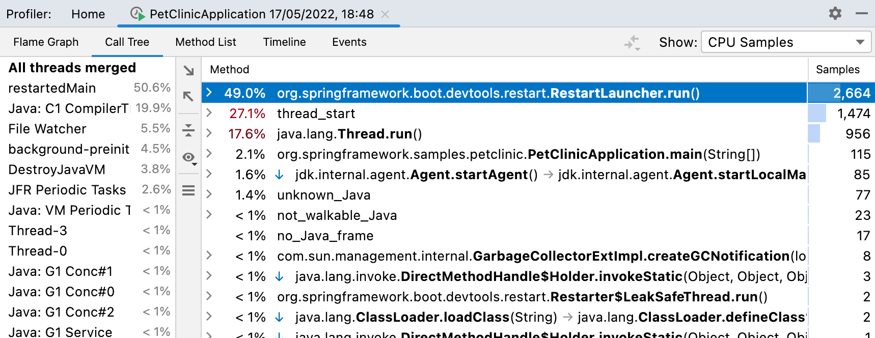 call tree tab in the profiler results