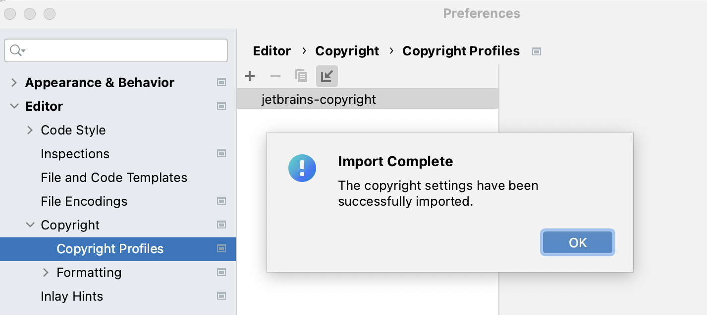 Popup confirming that copyright profile is imported