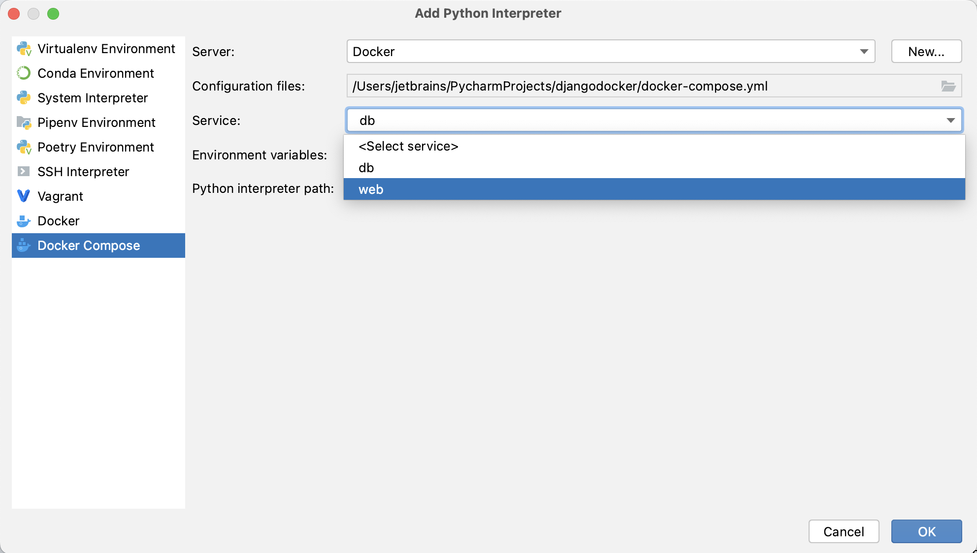 Configuring a Python interpreter using Docker Compose