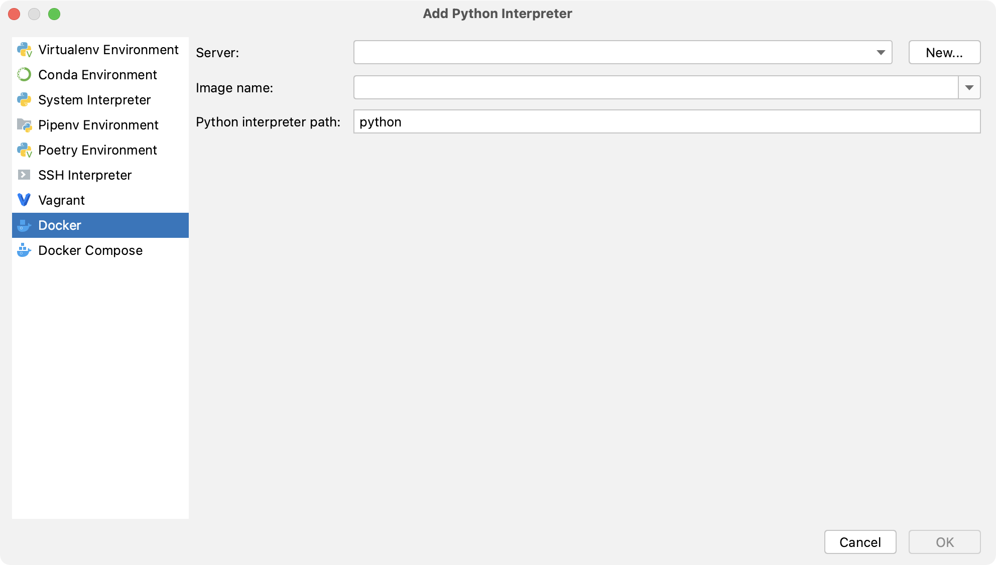 Adding a Python interpreter using Docker