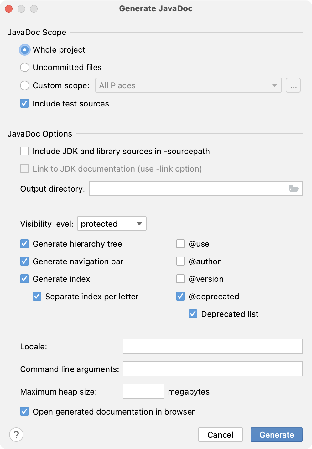 Javadoc reference generation dialog