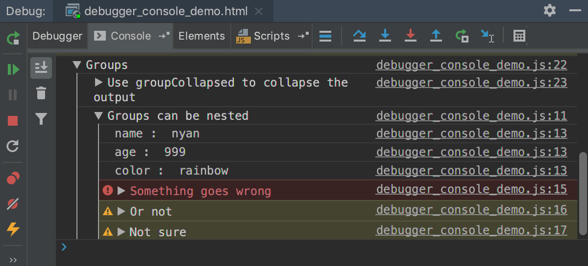 Node.js interactive debugger console: log messages grouped