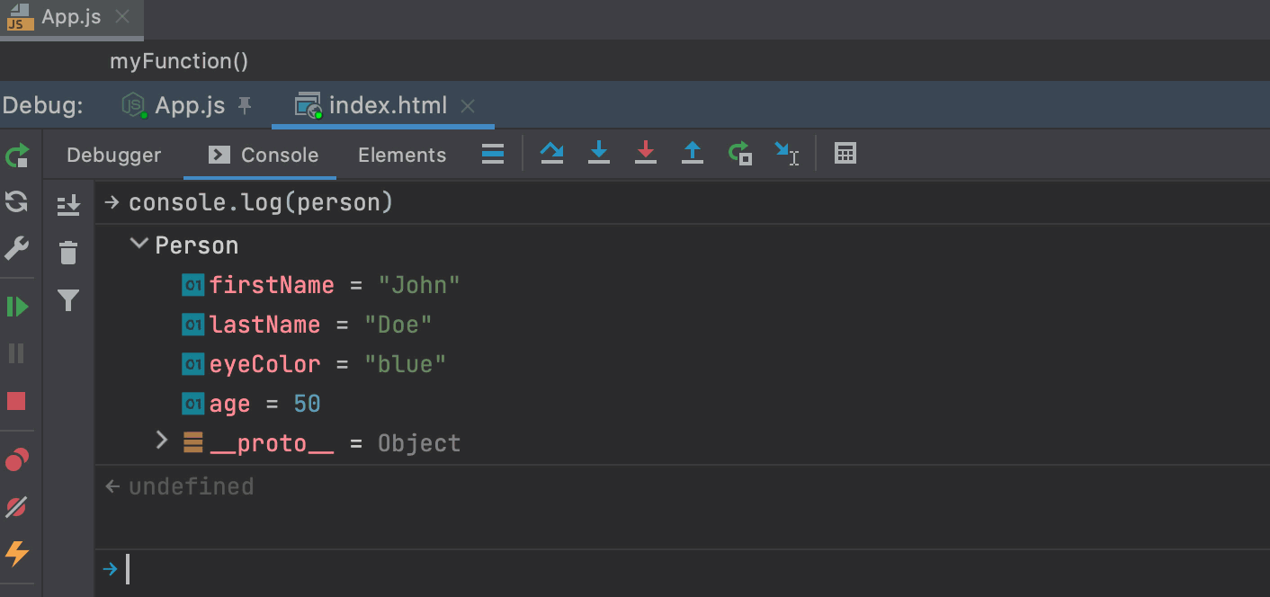 JavaScript interactive debugger console shows an object in a tree view