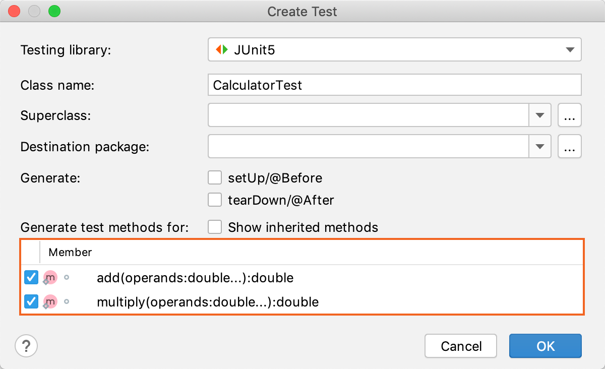 The Create Test dialog