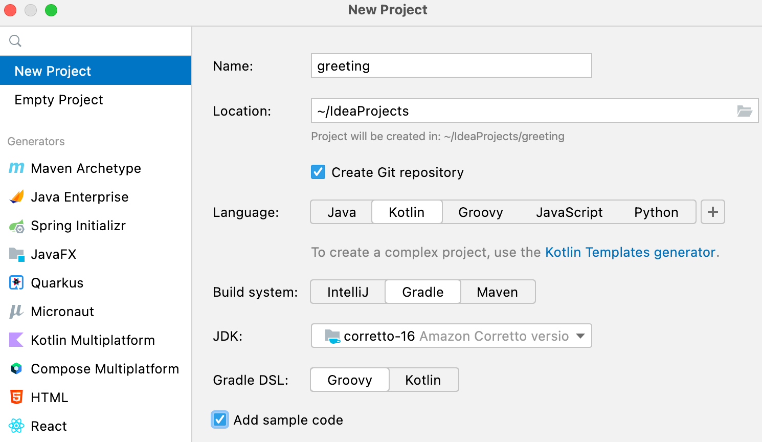 New Kotlin project with the Gradle build system with Groovy DSL