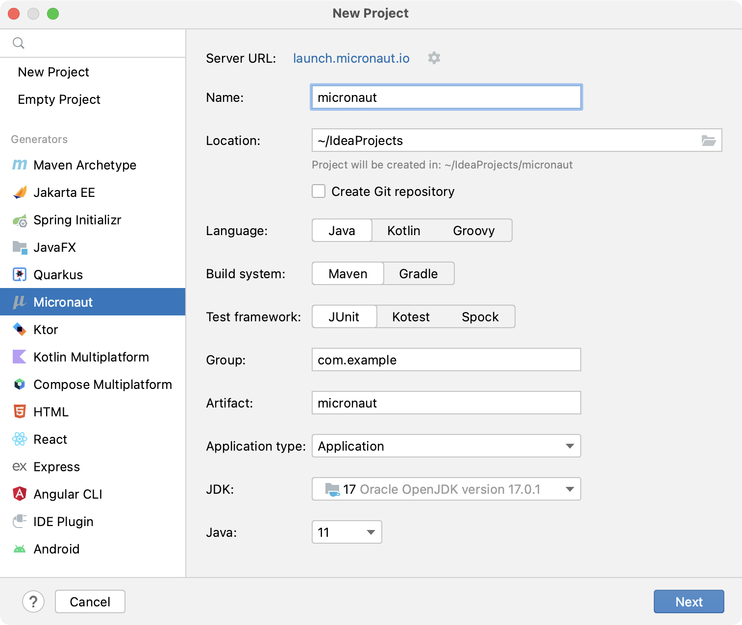 New Micronaut project wizard