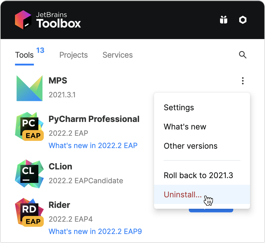 Uninstall MPS using the Toolbox App
