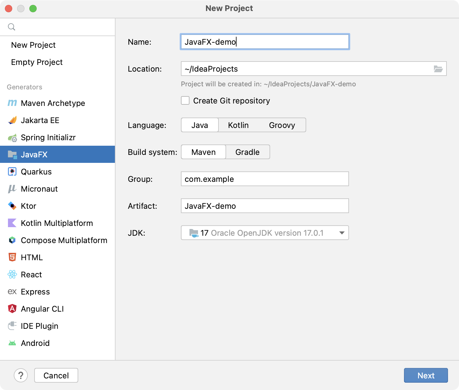 Creating a new JavaFX project