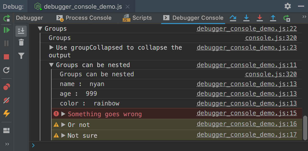 Node.js interactive debugger console: log messages grouped