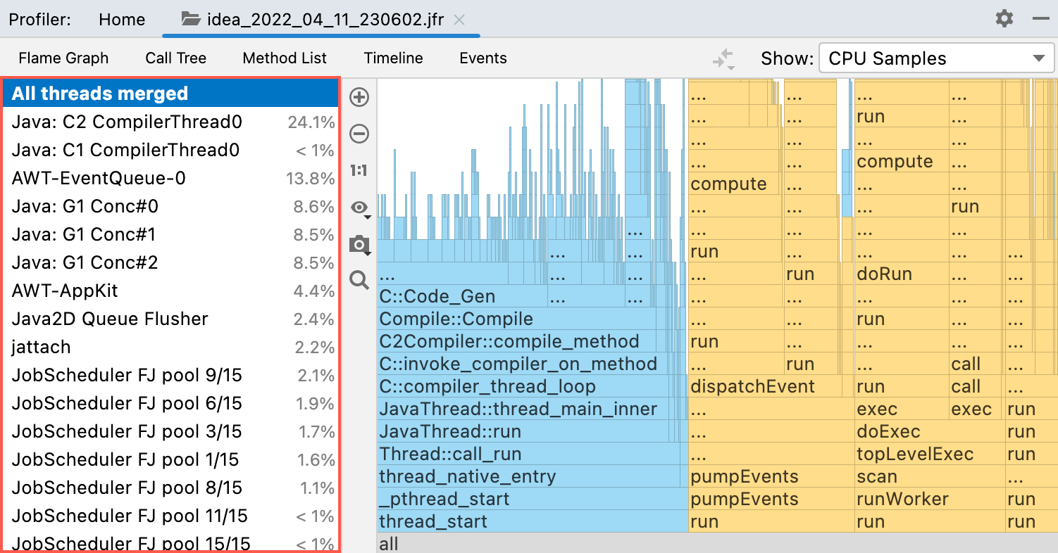 The Threads panel in the Profiler tool window