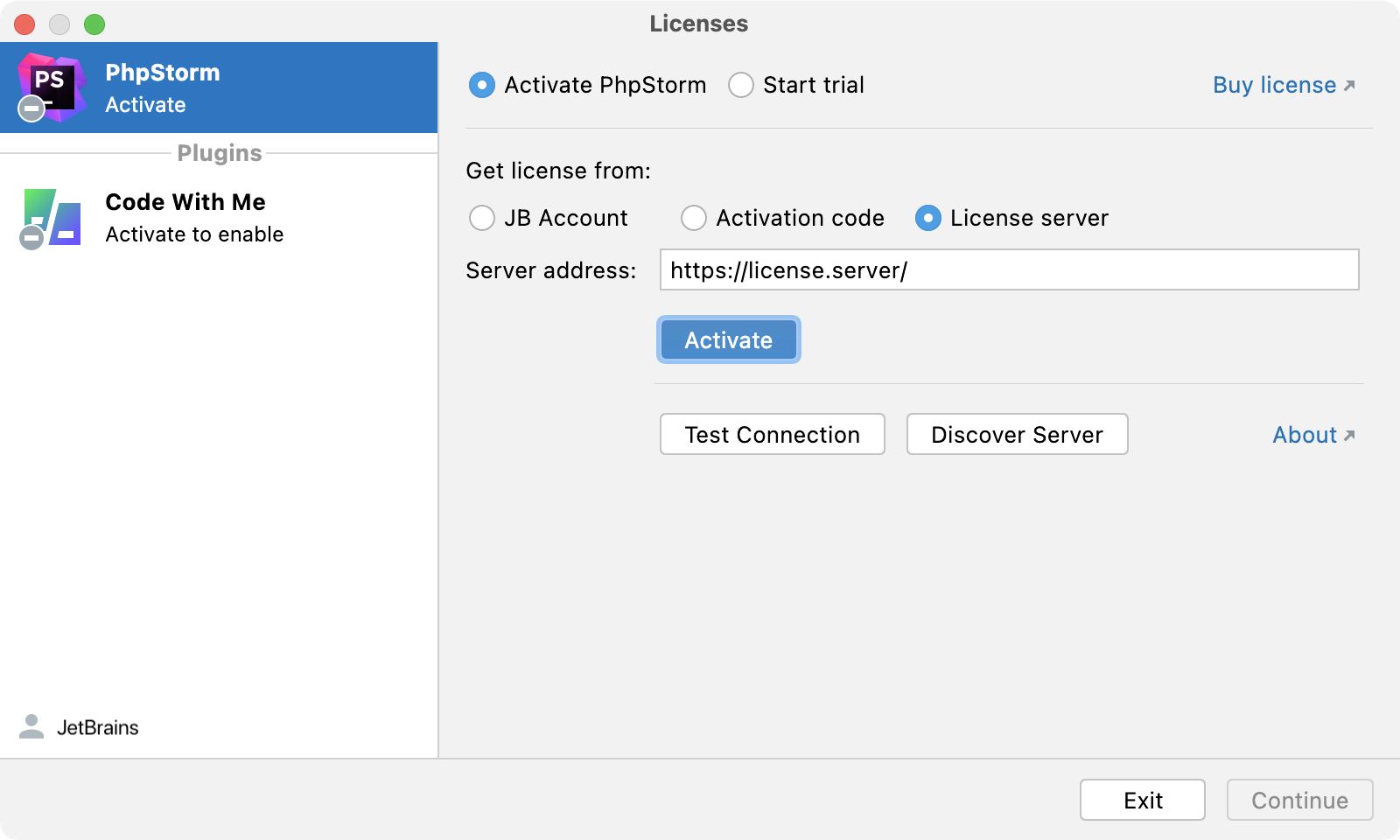 Activate PhpStorm license with a license server