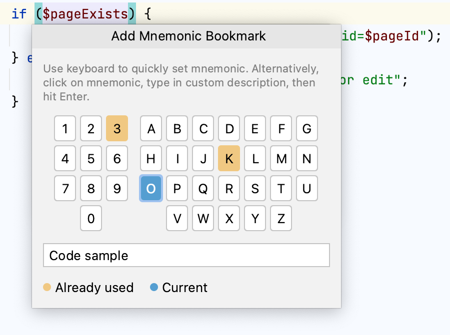 Adding a mnemonic bookmark: select an identifier