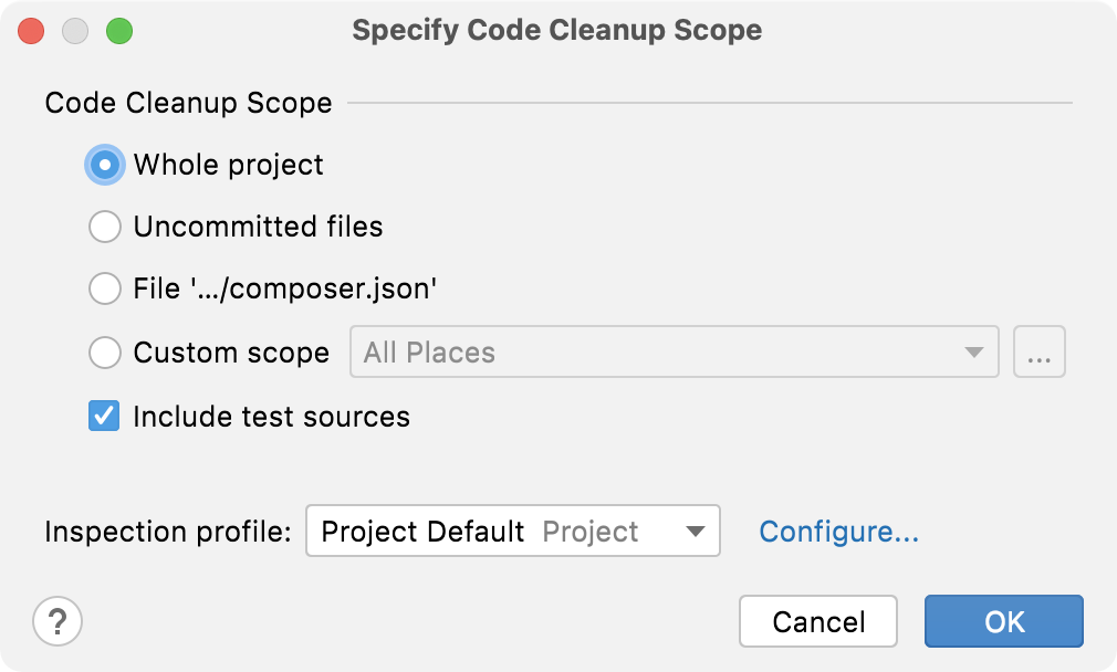 the Specify Code Cleanup Scope dialog