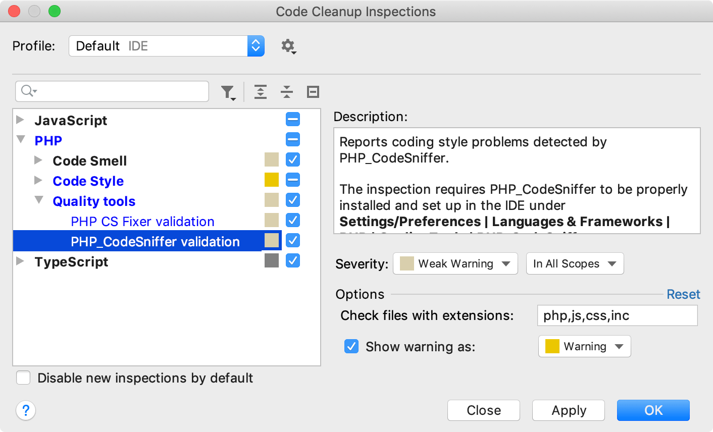 the Code Cleanup Inspections dialog