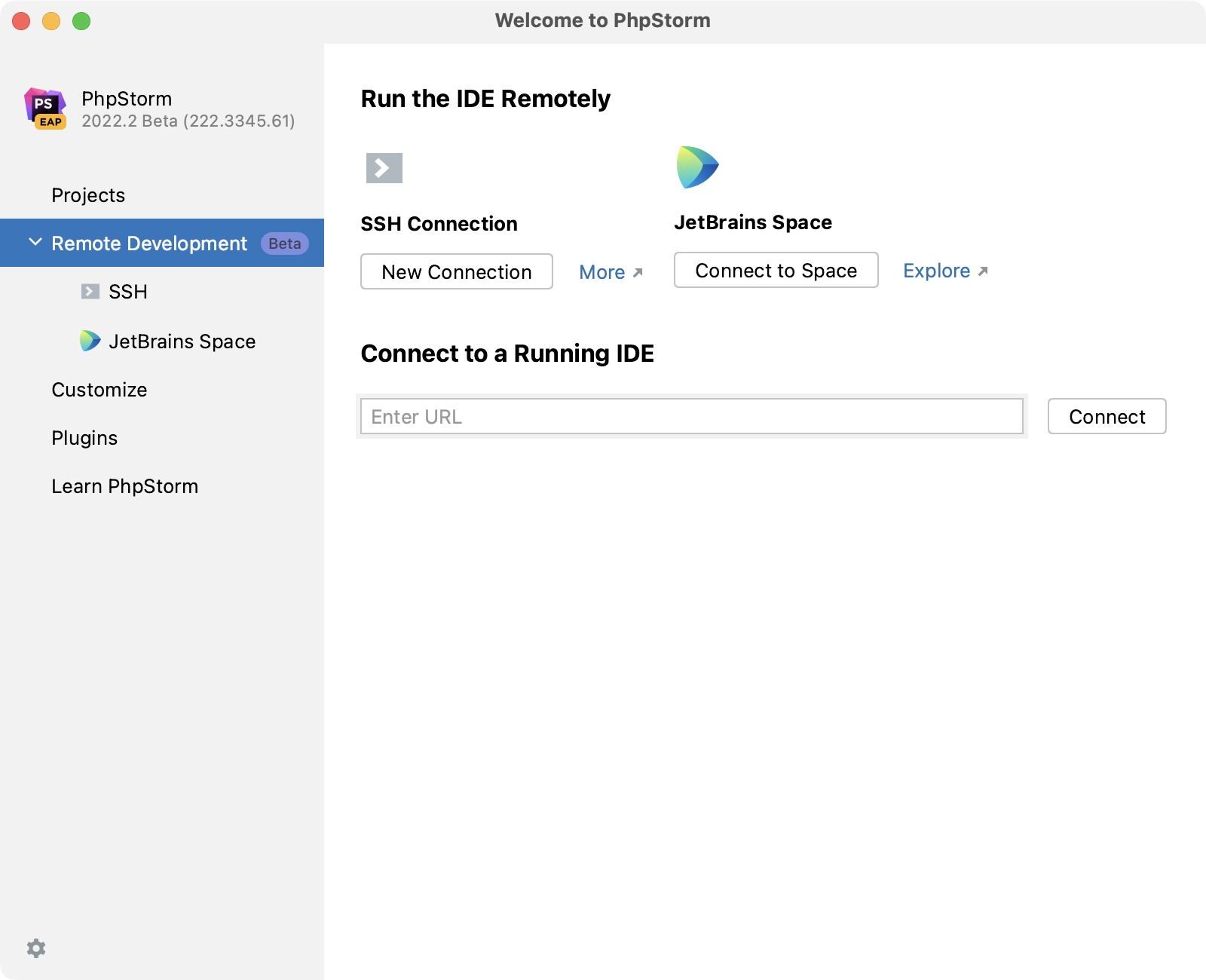 Configuring remote development settings on Welcome screen