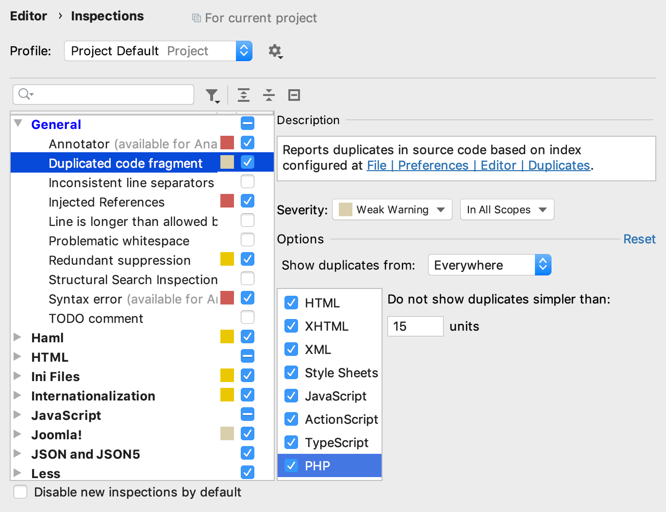 Duplicated Code Fragment inspection settings