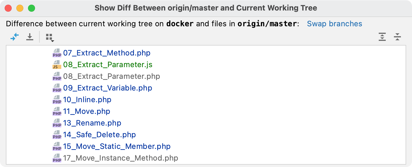 Show diff between selected branch and current working tree