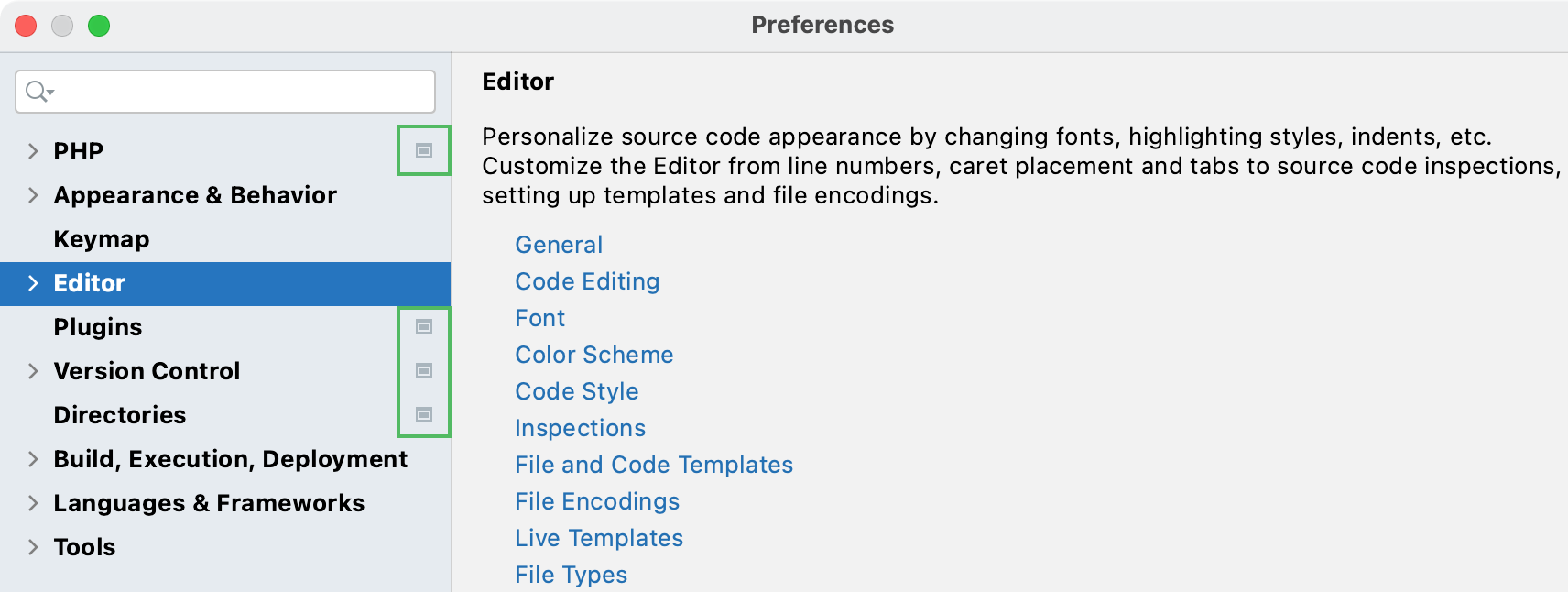 Project settings marked in the Settings/Preferences dialog