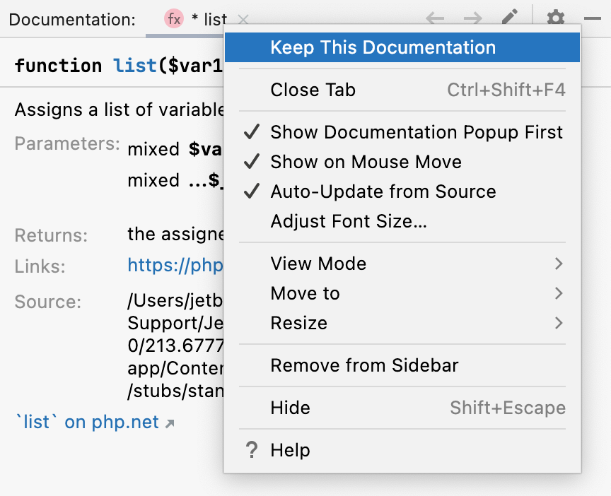 Keep Quick Documentation in tool window