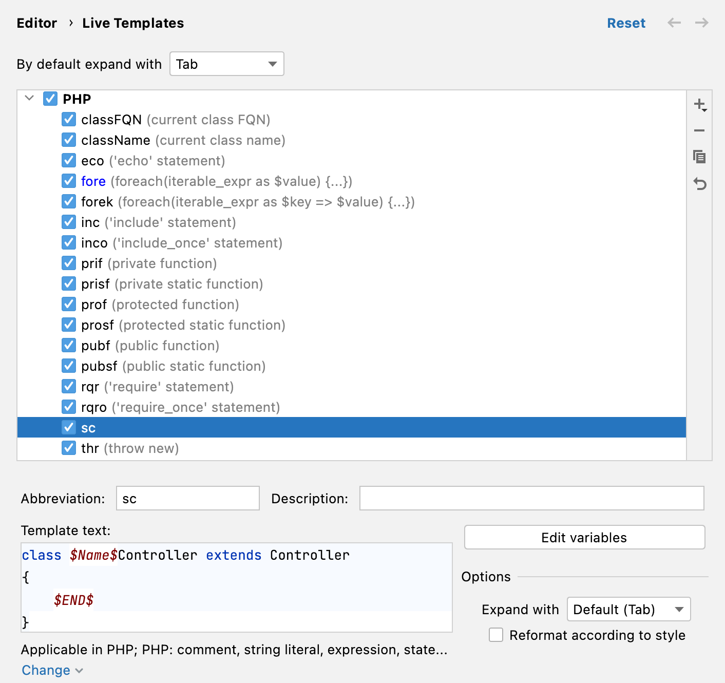 Live template settings page