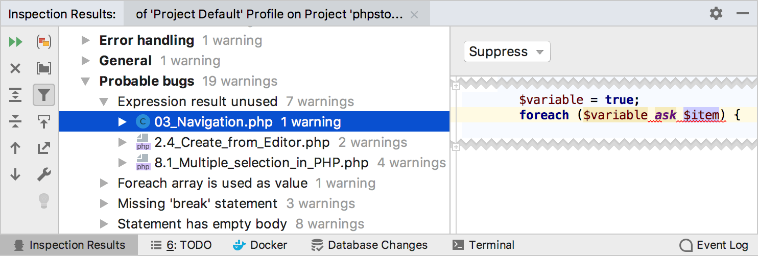 Analysing code in PhpStorm