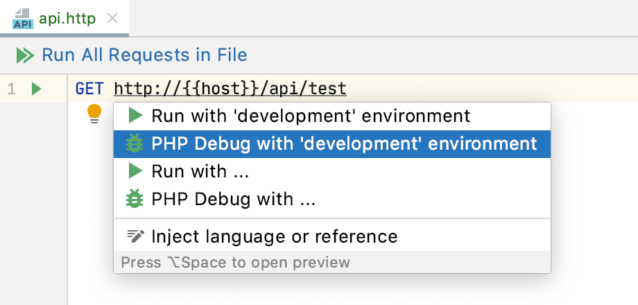 PHP Debug intention action with environment in an HTTP request file