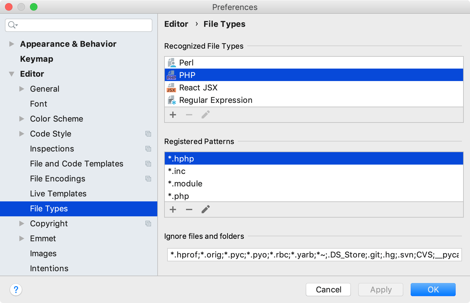 File type settings