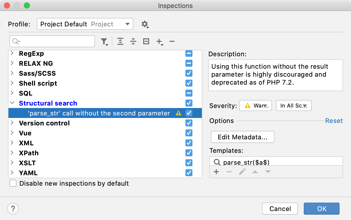 Custom inspection shown in the list of inspections