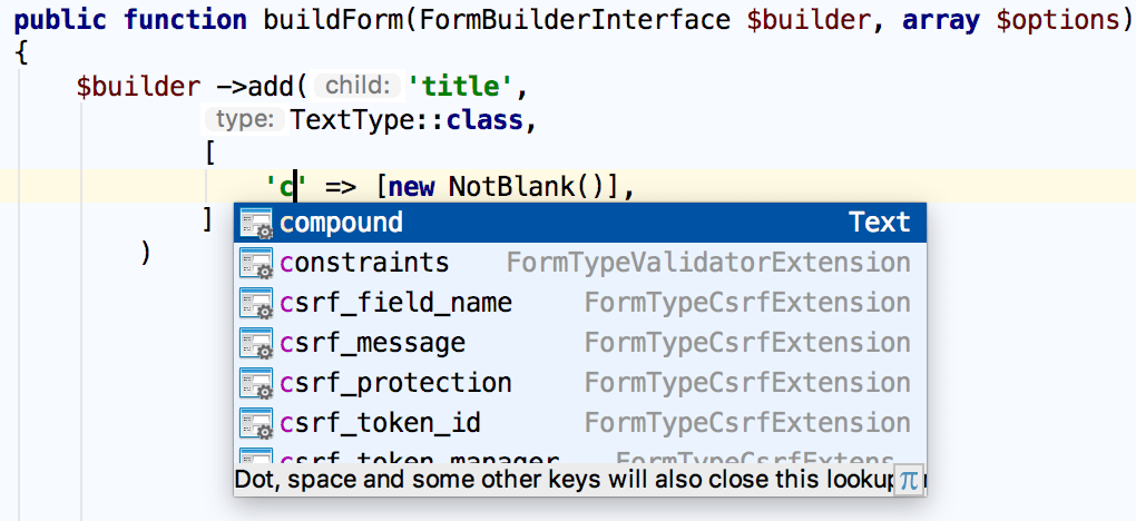 Symfony form builder field parameters completion