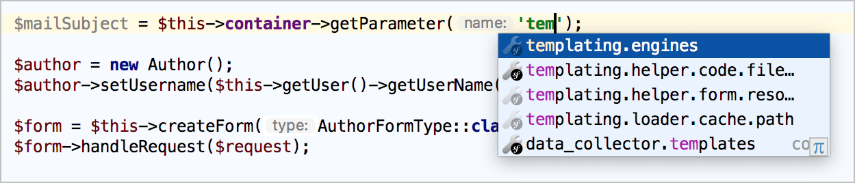 Symfony service parameters completion