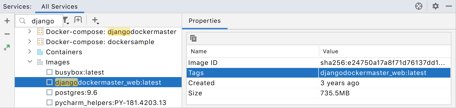 Search for a docker image in the Services tool window