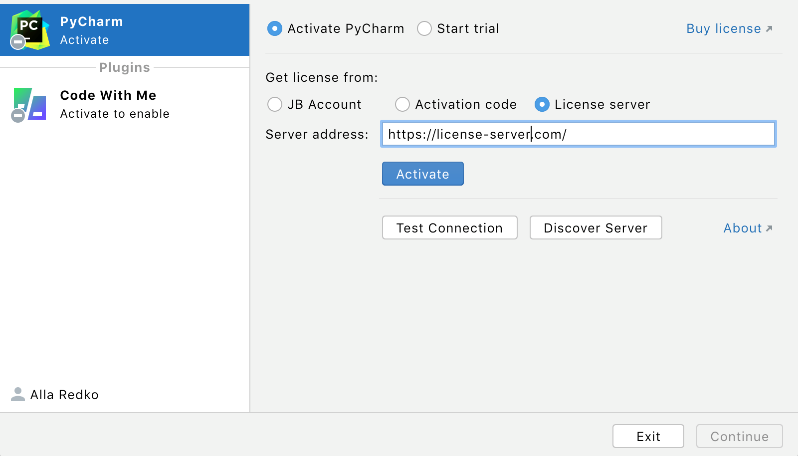 Activate PyCharm license with a license server