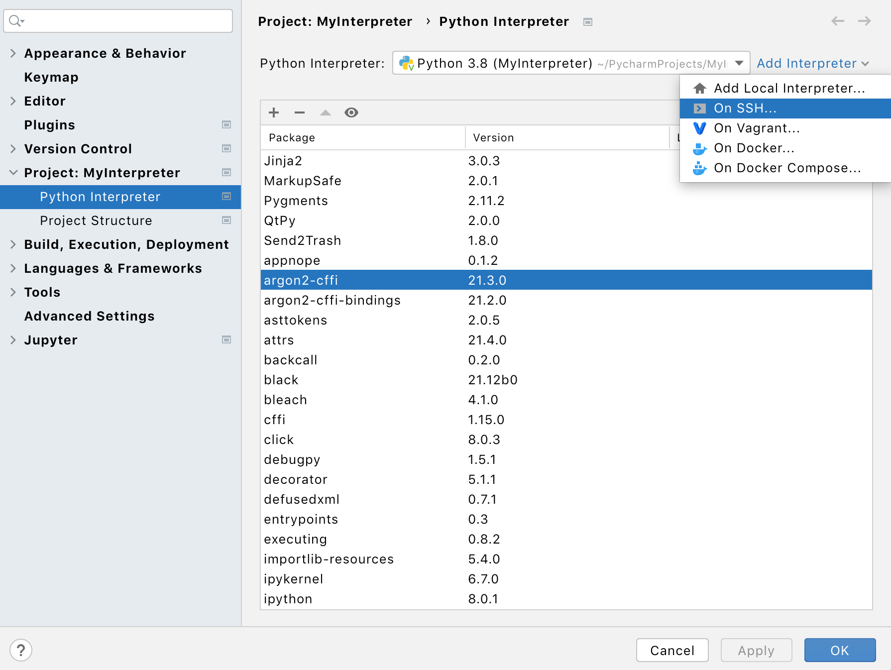 Adding SSH interpreters