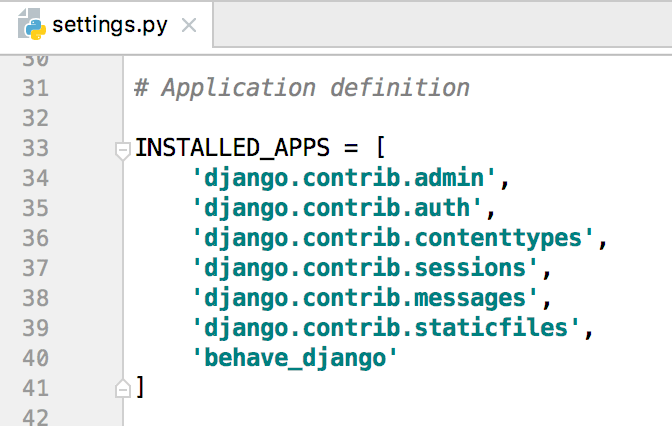 enabling behave-django integration in the settings.py file