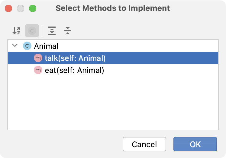 The Choose Methods to Implement dialog