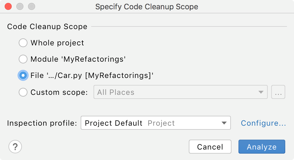 the Specify Code Cleanup Scope dialog