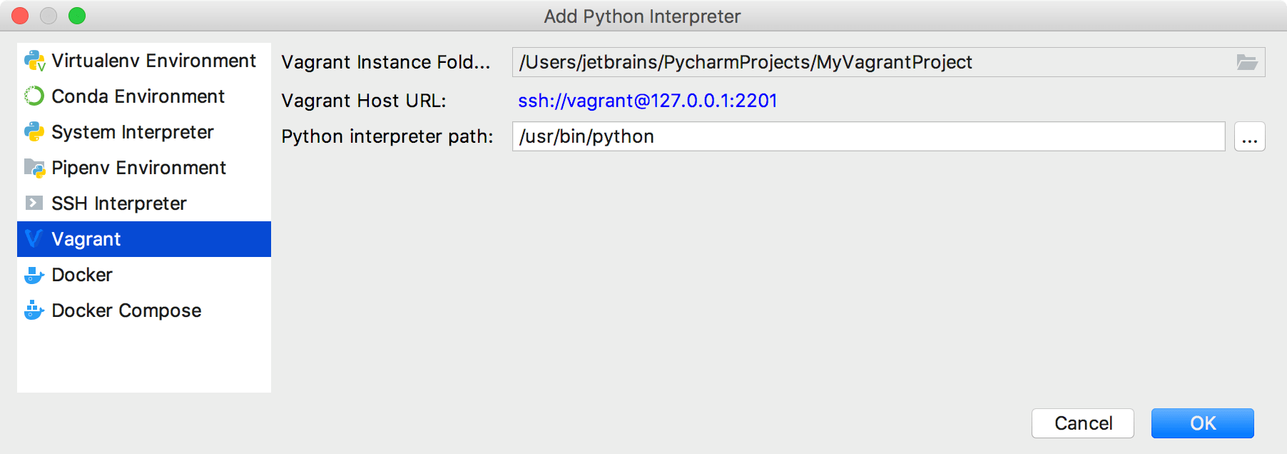 Add an interpreter: Vagrant