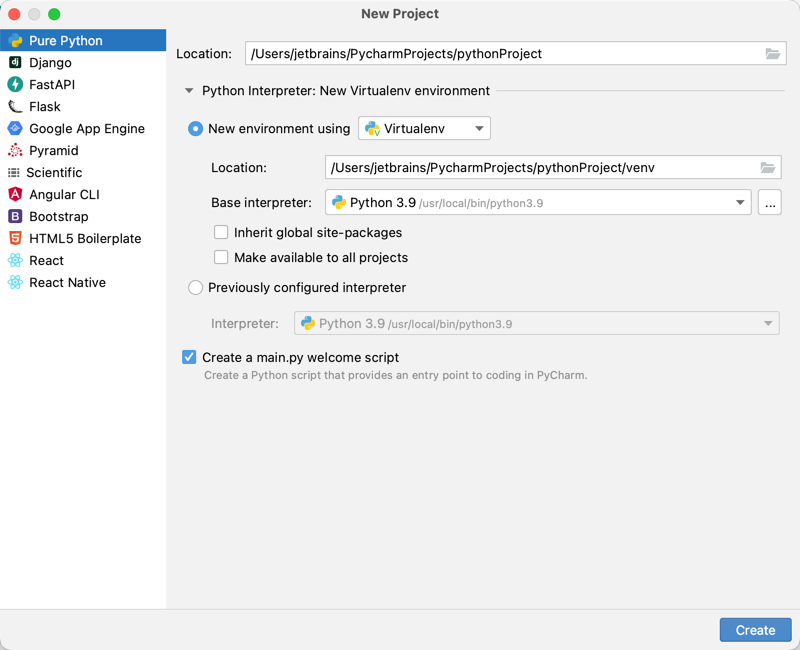 Creating a PyCharm helps implement new project