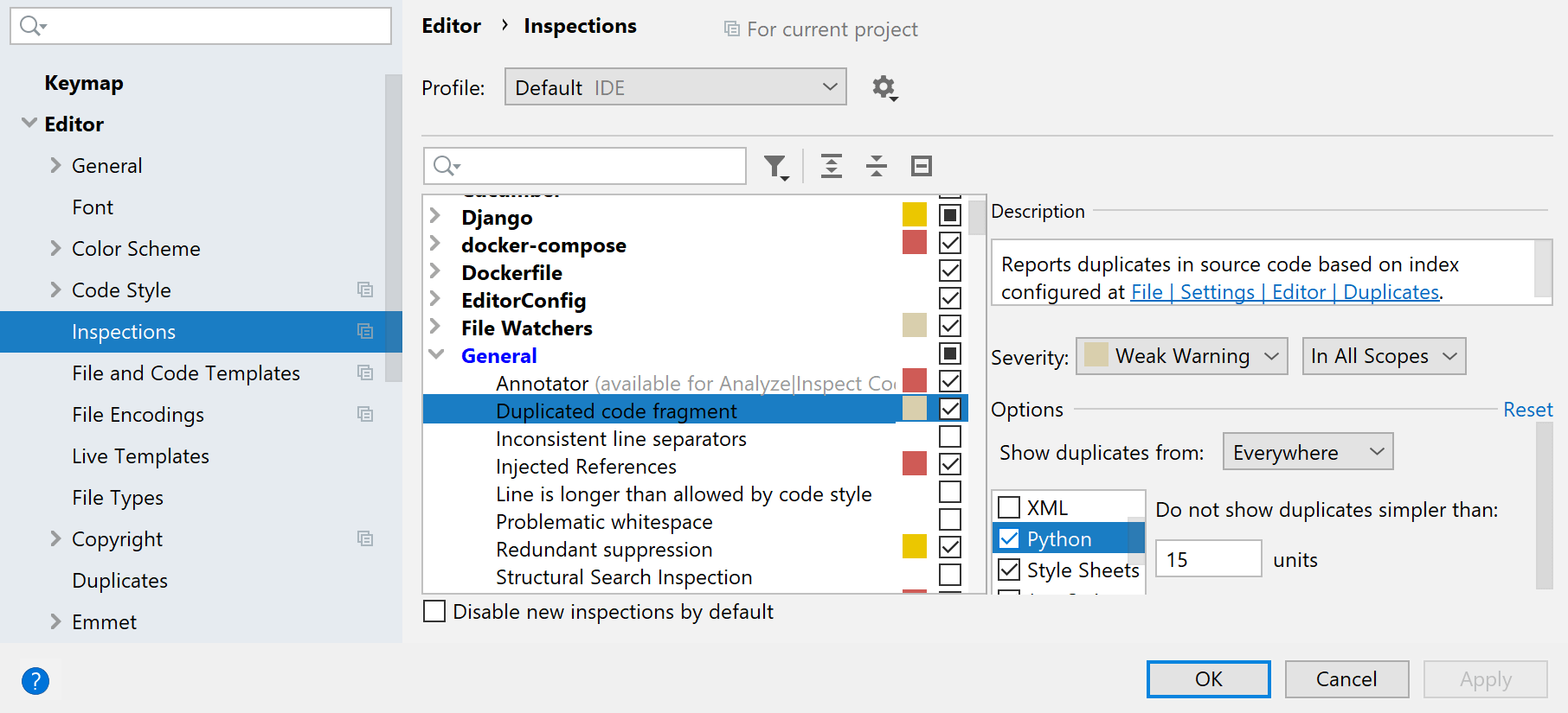 Duplicated Code Fragment inspection settings