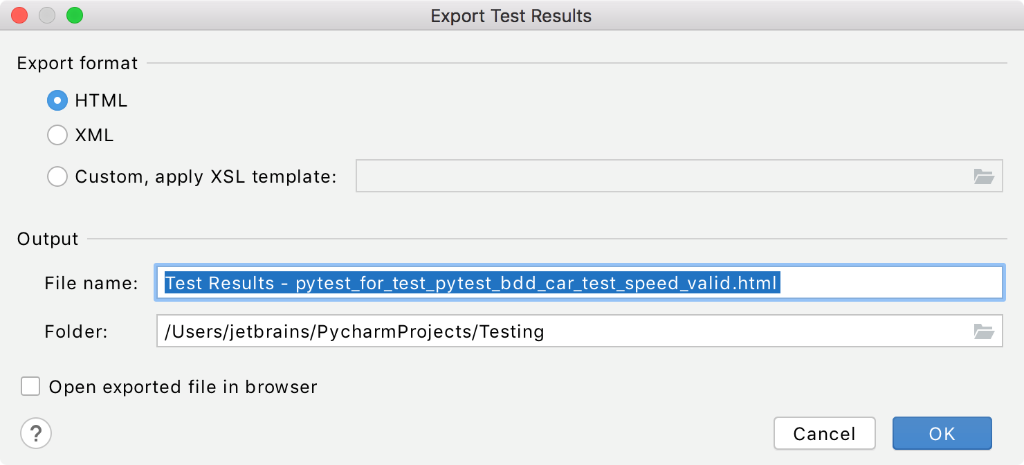 exporting test results dialog