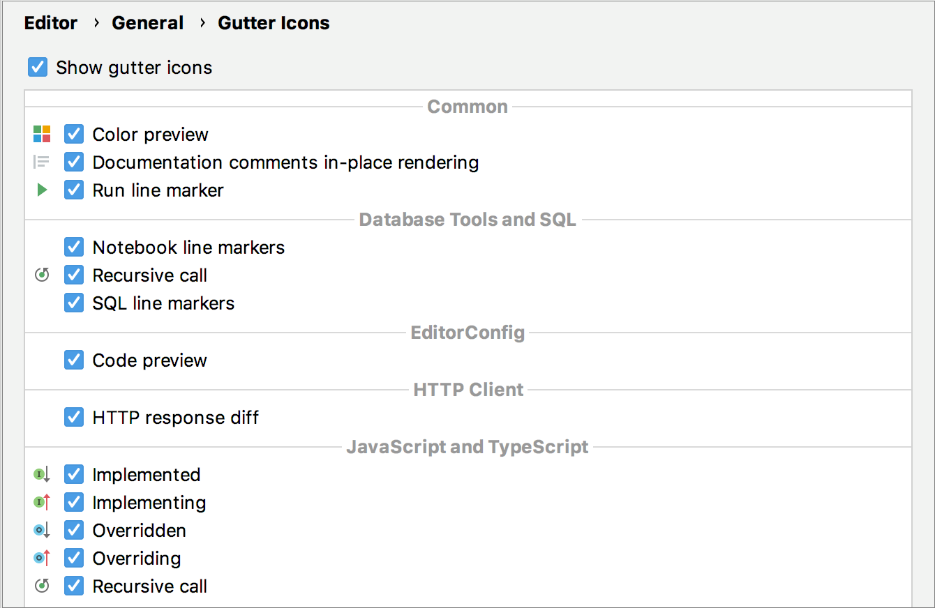 Gutter icons settings in the Preferences dialog