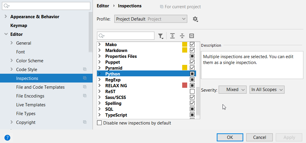 The list of inspections and their settings