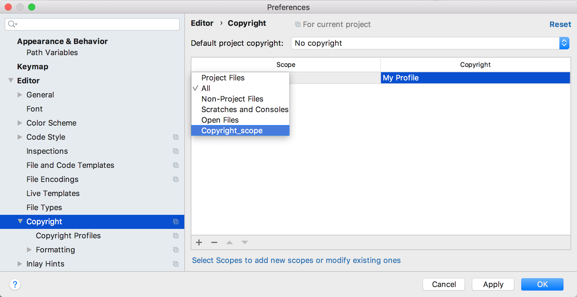 Associating a profile with a scope