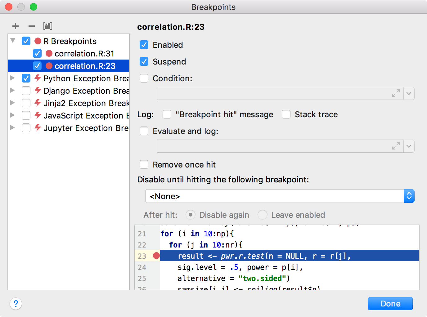 View R specific breakpoints