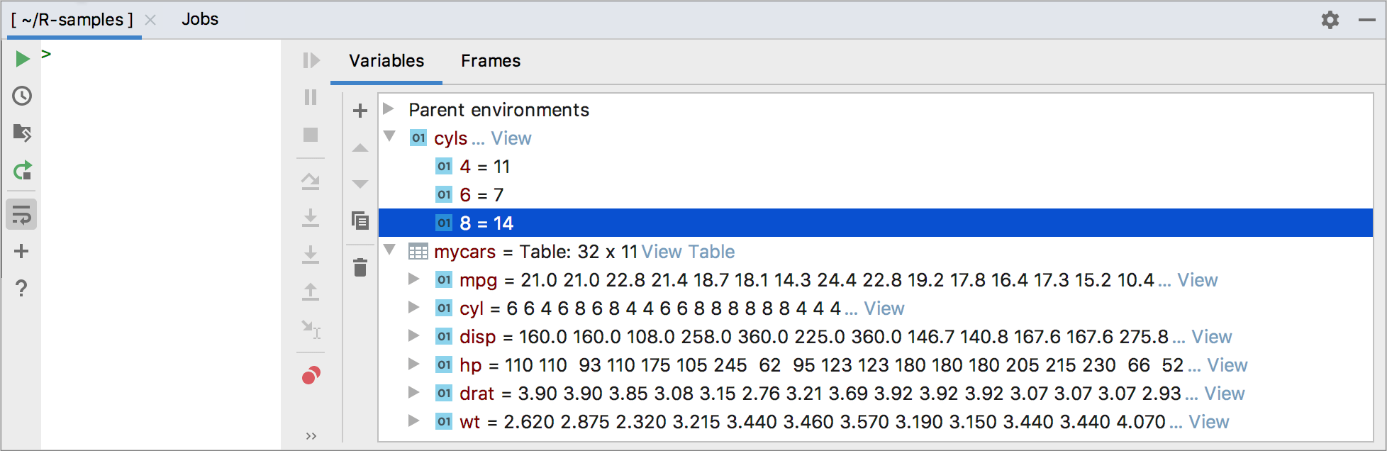 Preview variables in the R Console